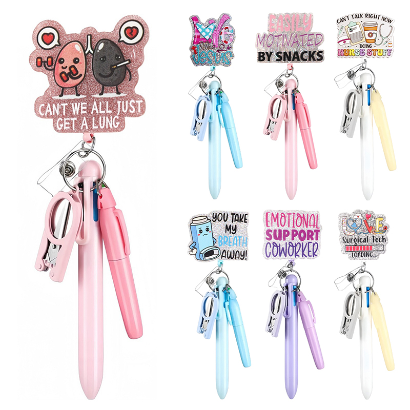 Penn Reel Fierce - 5in1 ชุดปากกาพยาบาล Retractable ID Badge คลิปม้วนผู้ถือชื่อผู้ถือพวงกุญแจปากกาลูกลื่นพับกรรไกรสําหรับพยาบาล