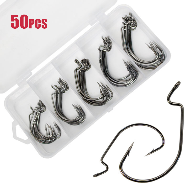 Fishing Hook Offset - 50pcs หนอนกว้างตะขอเหล็กคาร์บอน Offset Fishhook BASS Barbed