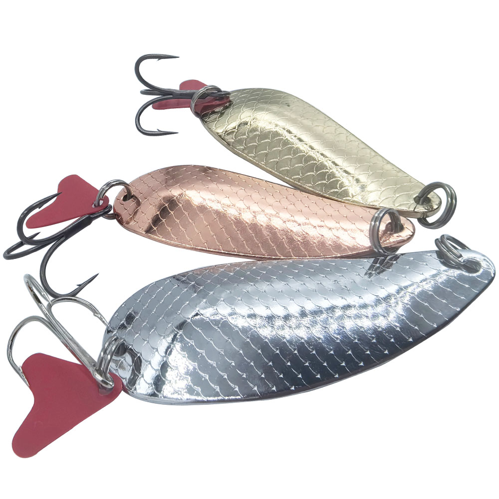 Fishing Hook Treble - เหยื่อตกปลาทรงช้อน สีเงิน สีทอง พร้อมตะขอสามทาง เหยื่อโลหะแข็ง สำหรับตกปลาเทราท์และปลาบาส