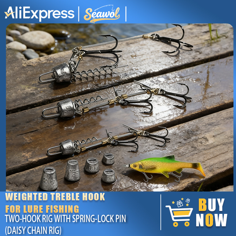 Fishing Hook Treble - ชุดเบ็ดตกปลาพร้อมสายเหล็ก, เหยื่อตกปลาแบบเดซี่เชน, ชุดเบ็ดสามทางและสองทางพร้อมสปริงล็อค, ทำด้วยมือสำหรับน้ำเค็มและน้ำจืด